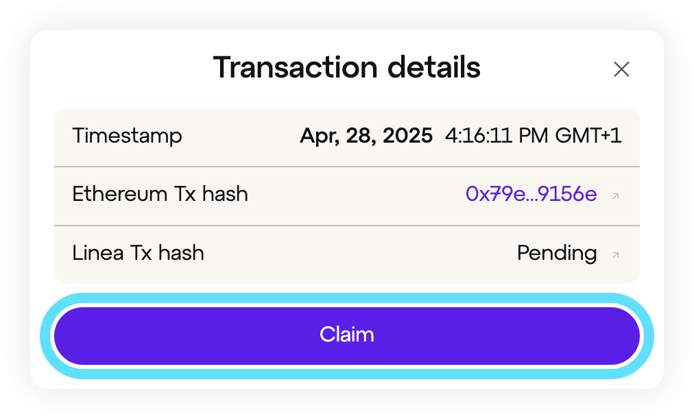 Claim transaction button in modal